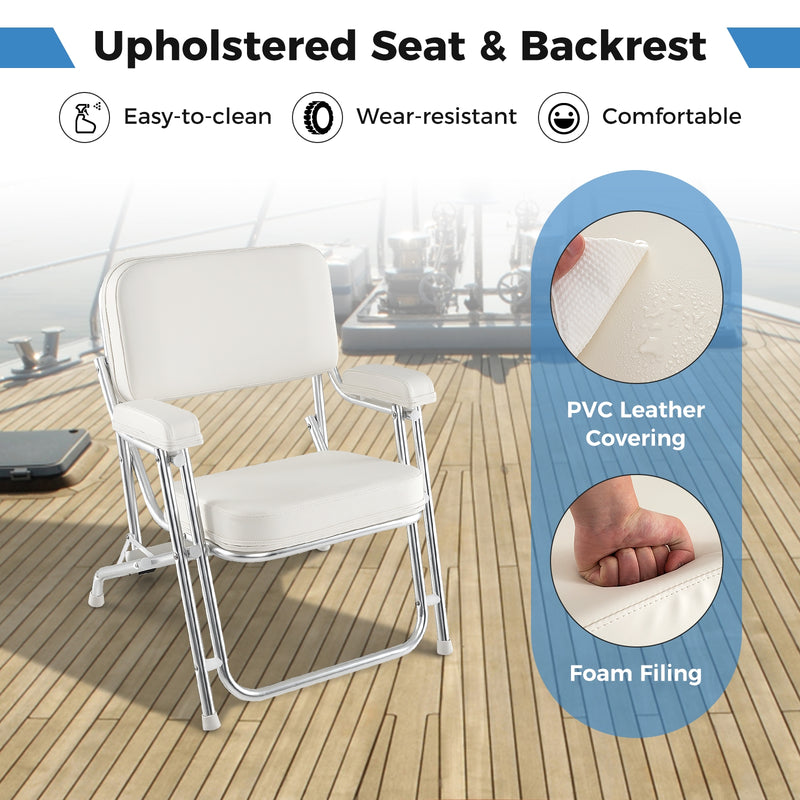 Portable Aluminum Boat Deck Beach Chair with Cushioned Seat-White