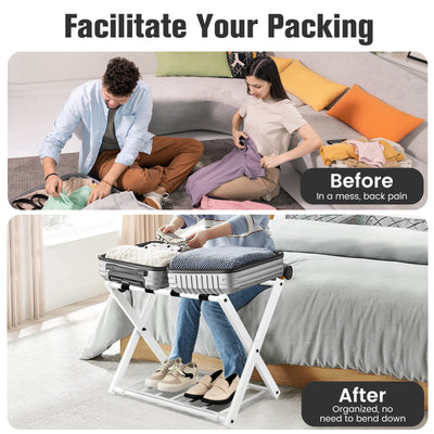 Set of 2 Folding Metal Luggage Rack Suitcase-White