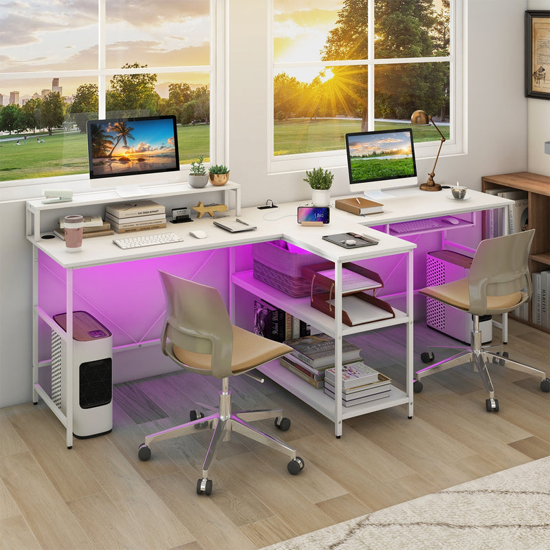 2-Person Reversible Computer Desk Long Office Desk with LED Lights-White