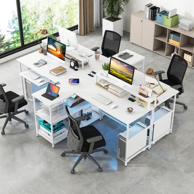 2-Person Reversible Computer Desk Long Office Desk with LED Lights-White