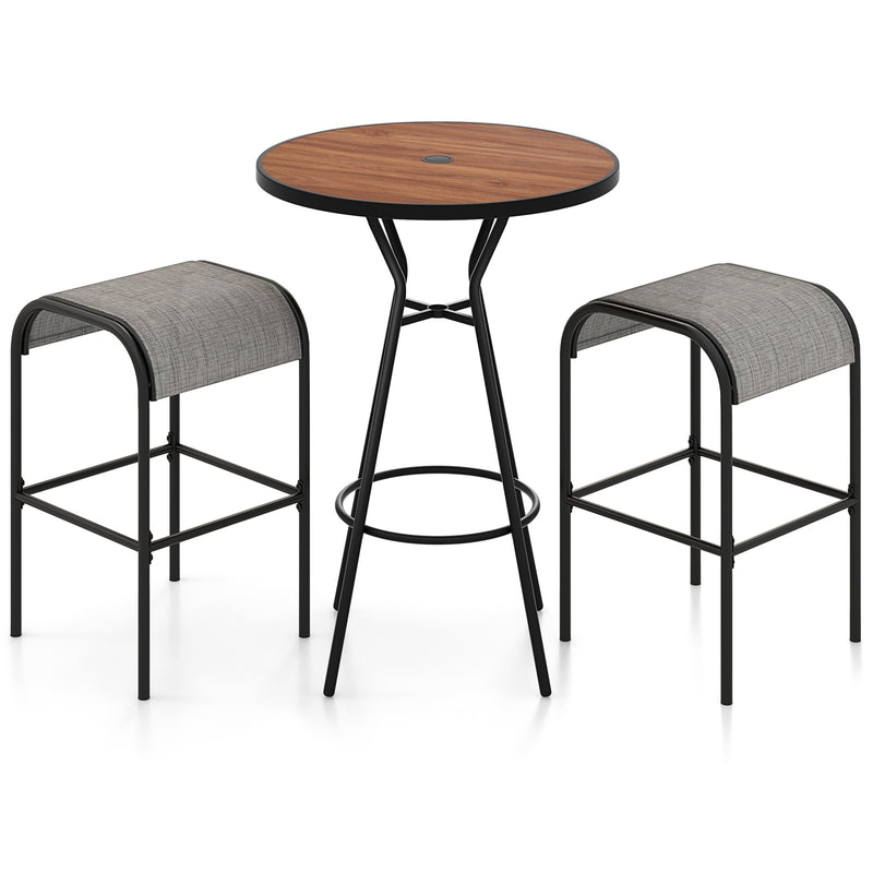 3 Pieces Outdoor Round Bar Table Set with 1.6 Inches Umbrella Hole