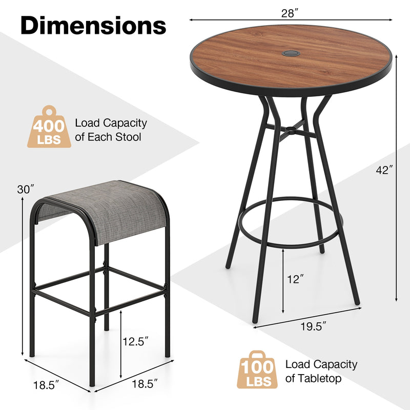 3 Pieces Outdoor Round Bar Table Set with 1.6 Inches Umbrella Hole