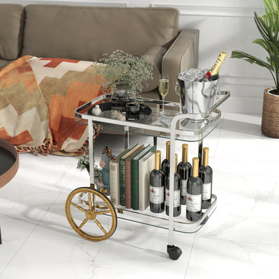 2-Tier Tempered Glass Bar Cart with 2 Large Aluminum Wheels and 2 Rolling Casters