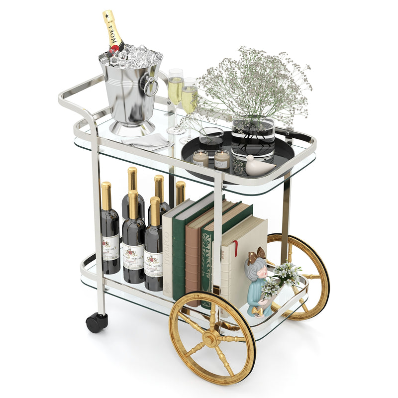 2-Tier Tempered Glass Bar Cart with 2 Large Aluminum Wheels and 2 Rolling Casters