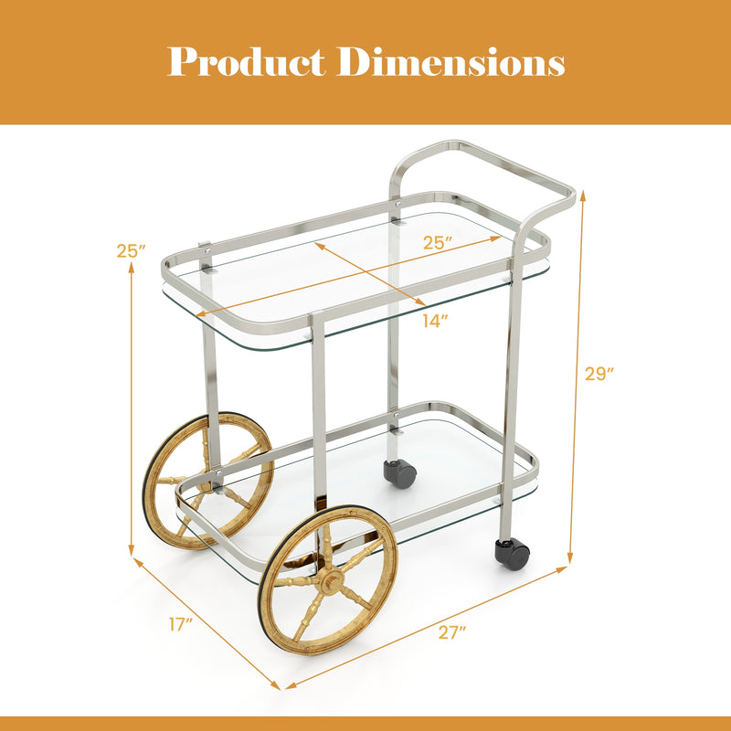 2-Tier Tempered Glass Bar Cart with 2 Large Aluminum Wheels and 2 Rolling Casters