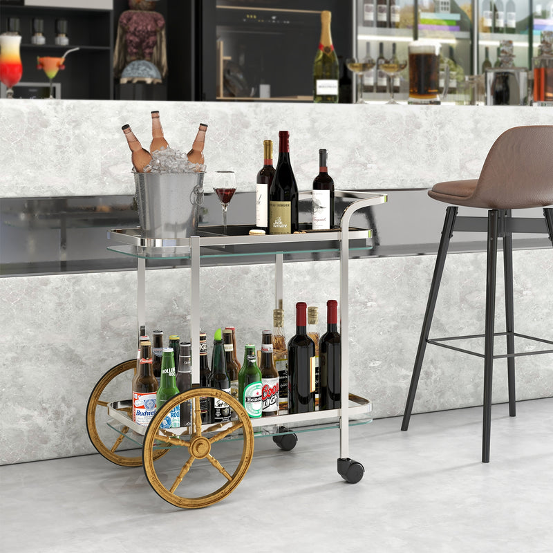 2-Tier Tempered Glass Bar Cart with 2 Large Aluminum Wheels and 2 Rolling Casters