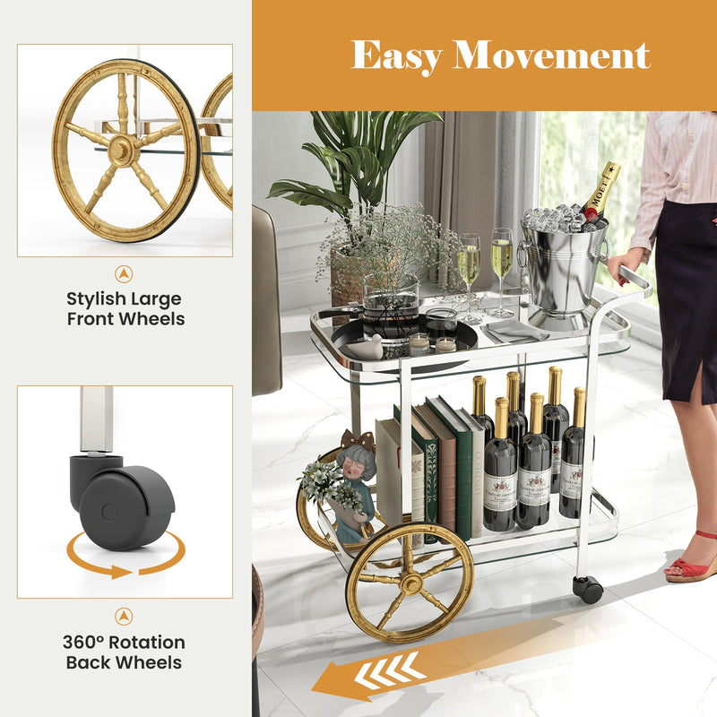 2-Tier Tempered Glass Bar Cart with 2 Large Aluminum Wheels and 2 Rolling Casters