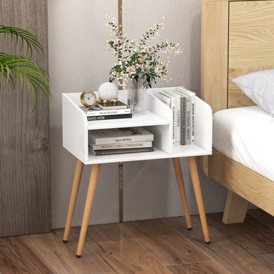 Mid Century Modern Nightstand  with Open Shelves-White