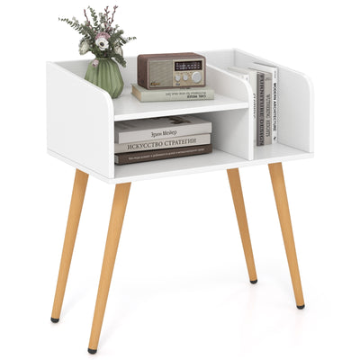 Mid Century Modern Nightstand  with Open Shelves-White