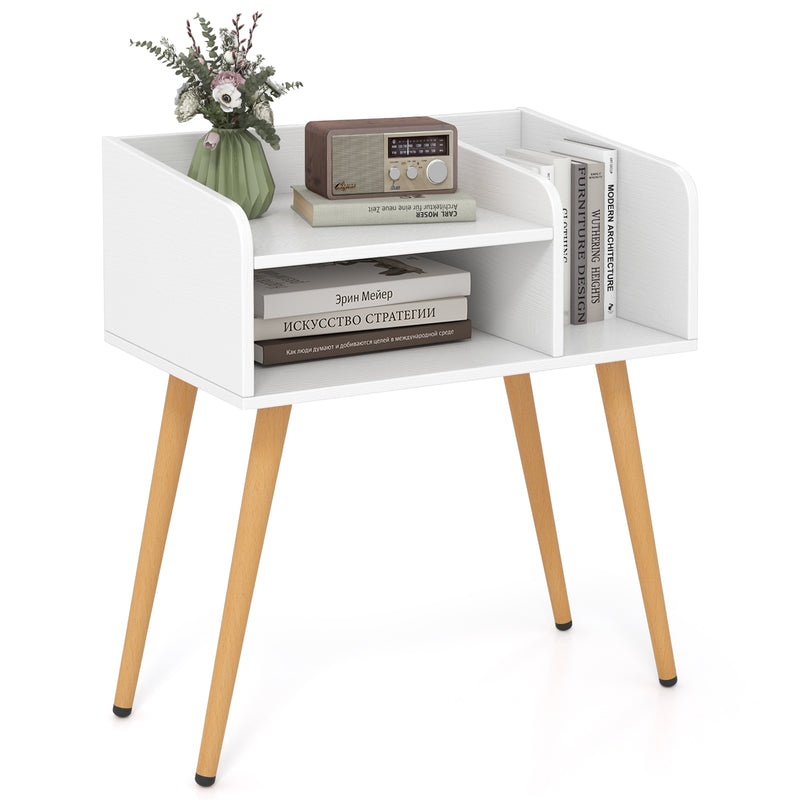 Mid Century Modern Nightstand  with Open Shelves-White