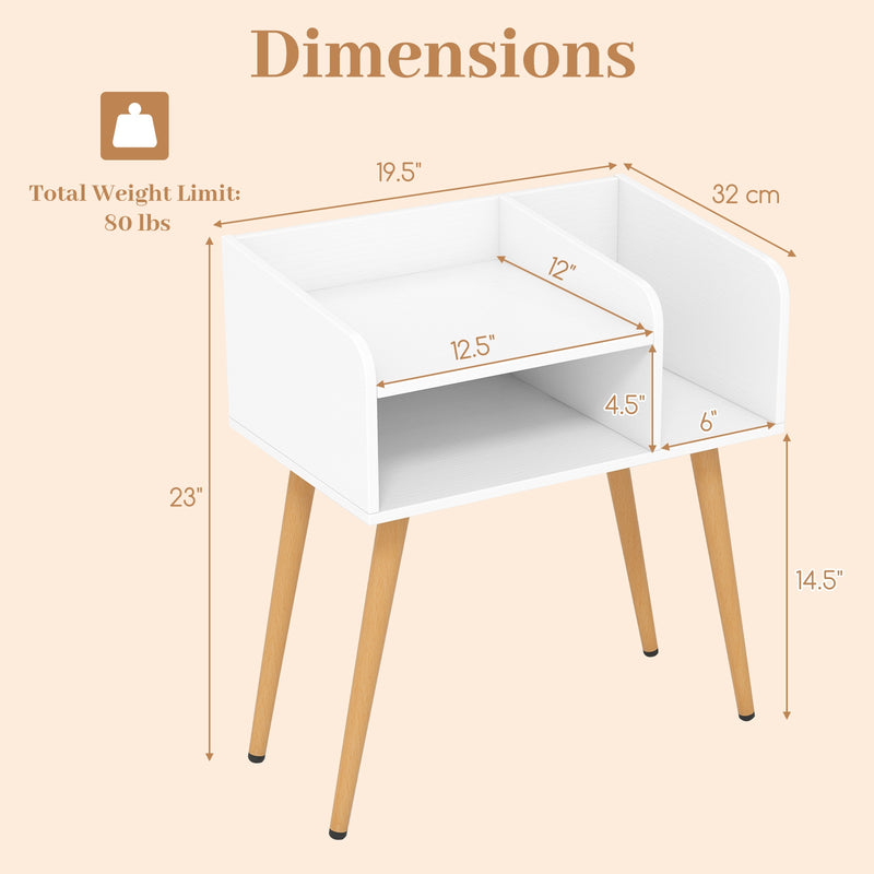 Mid Century Modern Nightstand  with Open Shelves-White