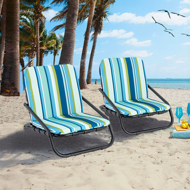 2 Pack Low Folding Beach Chairs for Adults with Cushion-Blue