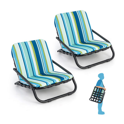 2 Pack Low Folding Beach Chairs for Adults with Cushion-Blue