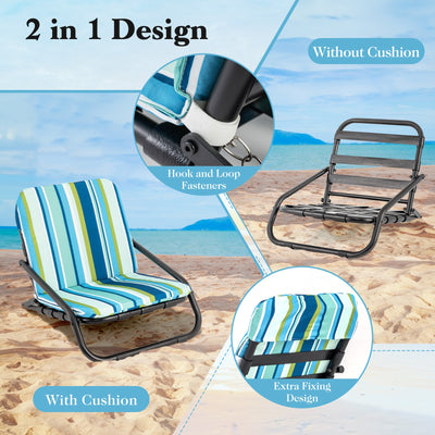 2 Pack Low Folding Beach Chairs for Adults with Cushion-Blue