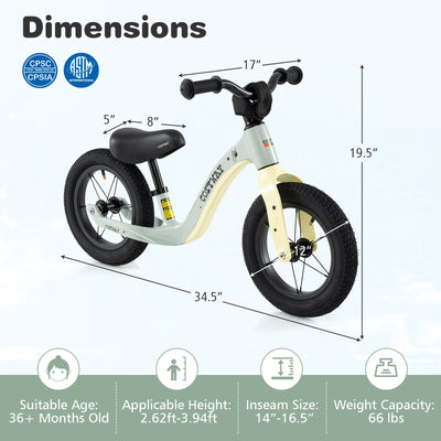 12-Inch Balance Bike with Adjustable Seat and Rotatable Handlebar for Over 36 Months Old-Green