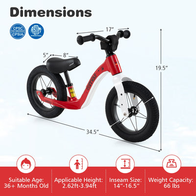 12-Inch Balance Bike with Adjustable Seat and Rotatable Handlebar for Over 36 Months Old-Red