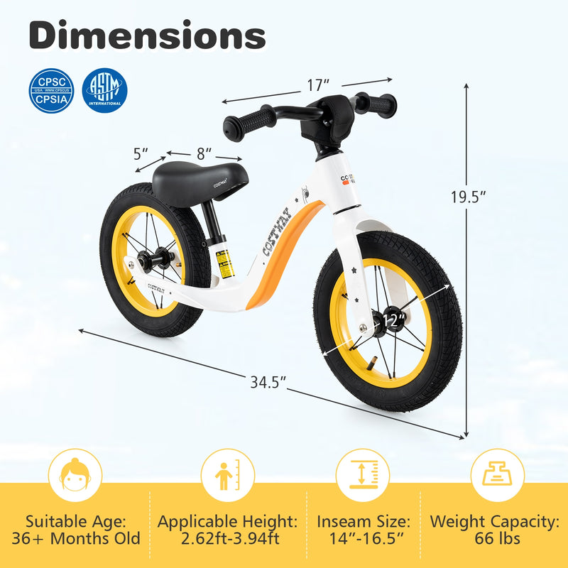 12-Inch Balance Bike with Adjustable Seat and Rotatable Handlebar for Over 36 Months Old-White