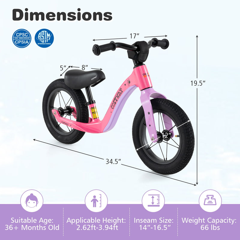 12-Inch Balance Bike with Adjustable Seat and Rotatable Handlebar for Over 36 Months Old-Pink