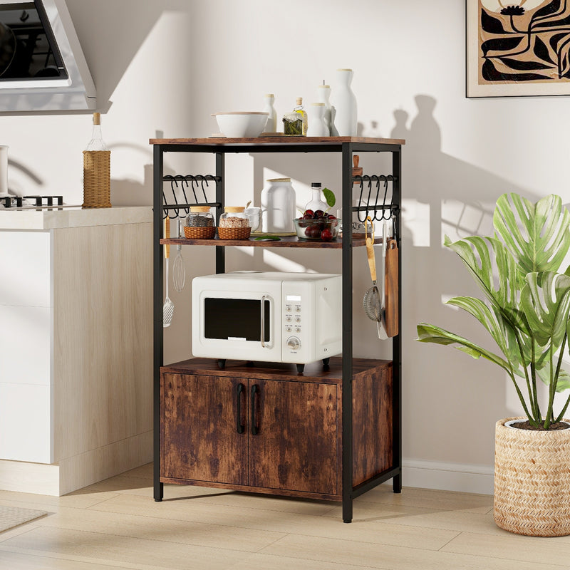 3-Tier Kitchen Baker’s Rack with Cabinet and 2 Open Shelves-Brown