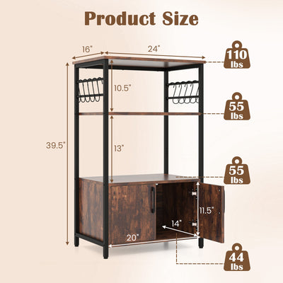 3-Tier Kitchen Baker’s Rack with Cabinet and 2 Open Shelves-Brown