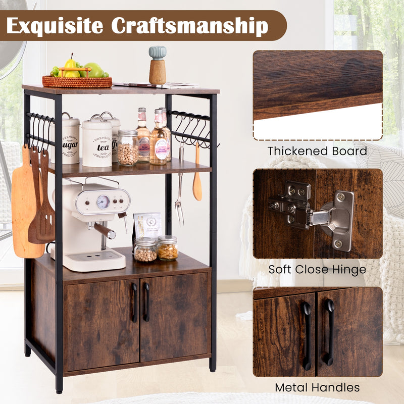 3-Tier Kitchen Baker’s Rack with Cabinet and 2 Open Shelves-Brown