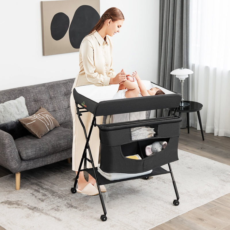 Portable Adjustable Height Newborn Nursery Organizer with Wheel-Black