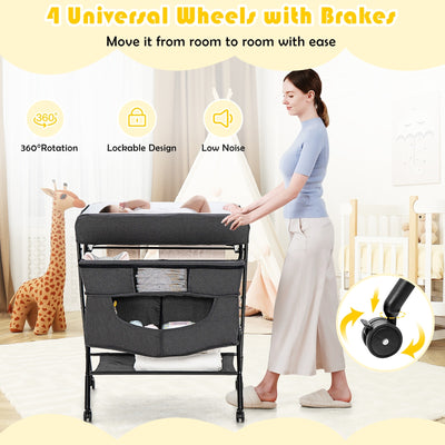 Portable Adjustable Height Newborn Nursery Organizer with Wheel-Black