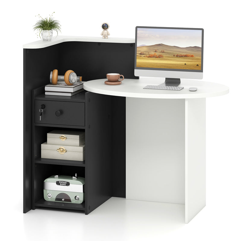 Reception Office Desk with Open Shelf and Lockable Drawer-Black