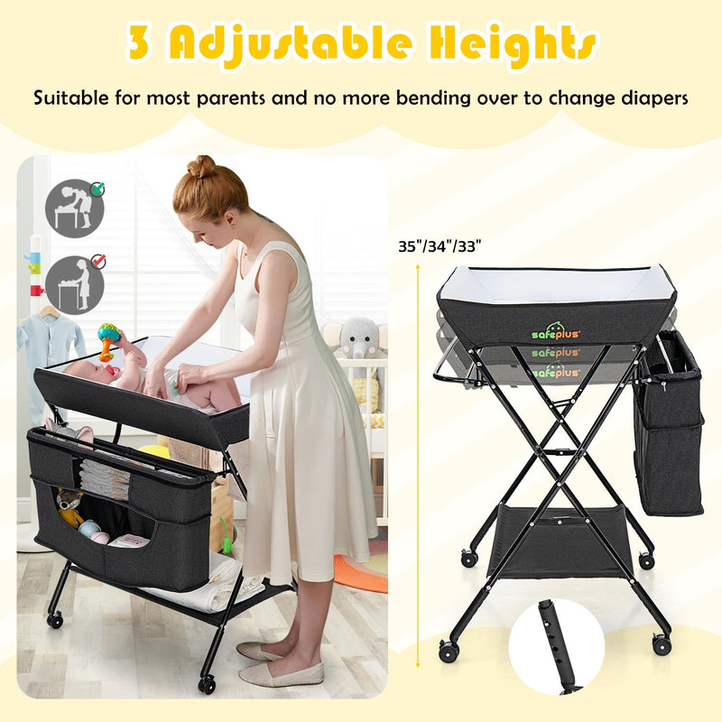 Portable Adjustable Height Newborn Nursery Organizer with Wheel-Black