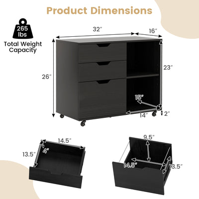 3-Drawer File Cabinet with Adjustable Shelf and Wheels for Letter-Black