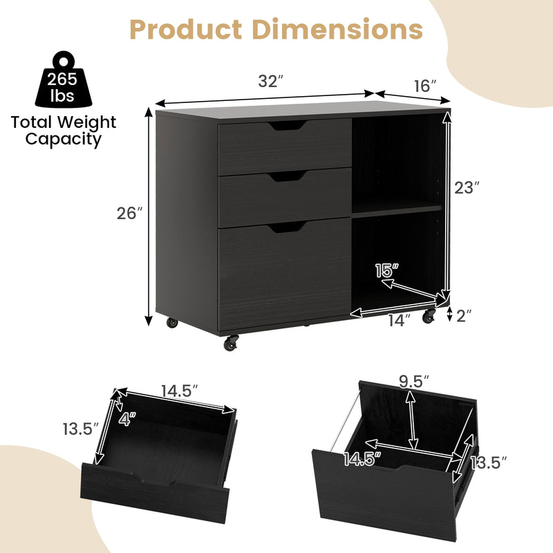 3-Drawer File Cabinet with Adjustable Shelf and Wheels for Letter-Black