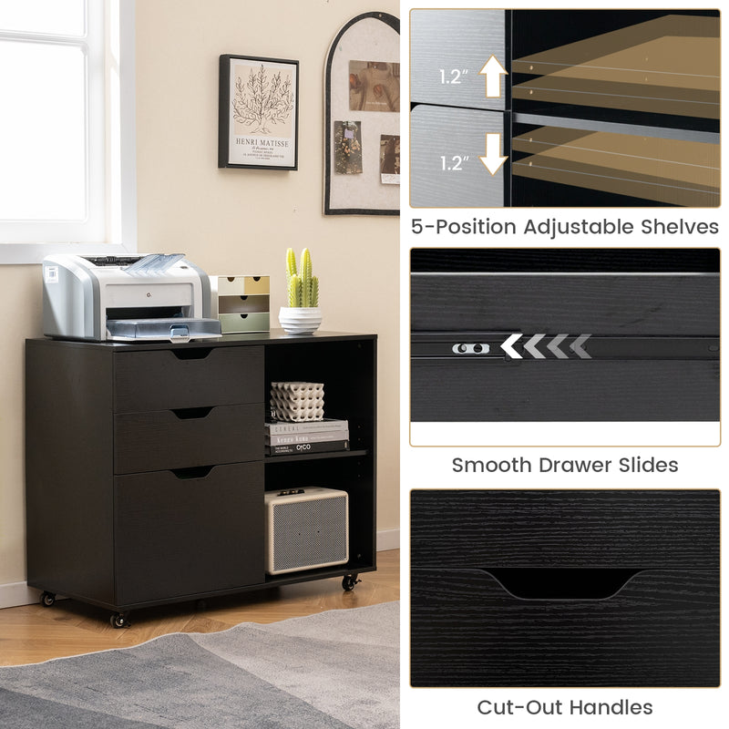 3-Drawer File Cabinet with Adjustable Shelf and Wheels for Letter-Black