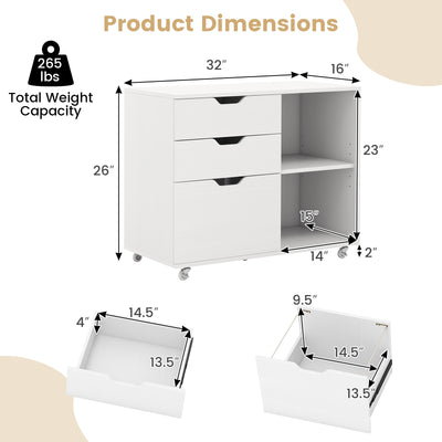 3-Drawer File Cabinet with Adjustable Shelf and Wheels for Letter-White