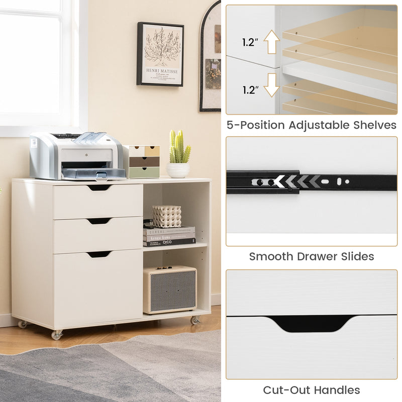 3-Drawer File Cabinet with Adjustable Shelf and Wheels for Letter-White