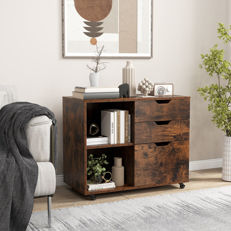 3-Drawer File Cabinet with Adjustable Shelf and Wheels for Letter-Rustic Brown