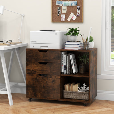 3-Drawer File Cabinet with Adjustable Shelf and Wheels for Letter-Rustic Brown