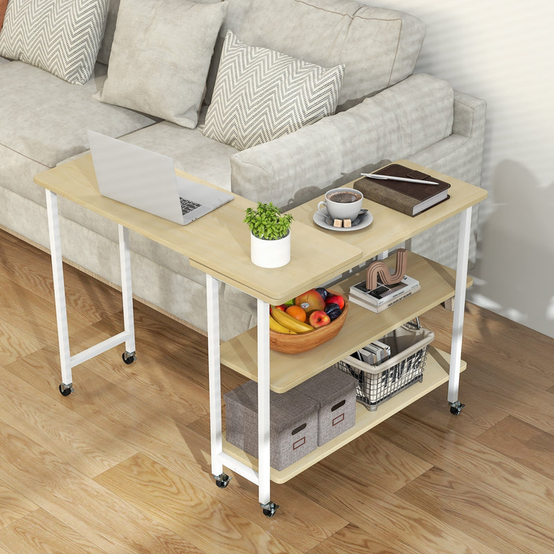 360° Rotating Sofa Side Table with 2-Tier Storage Shelves-Natural