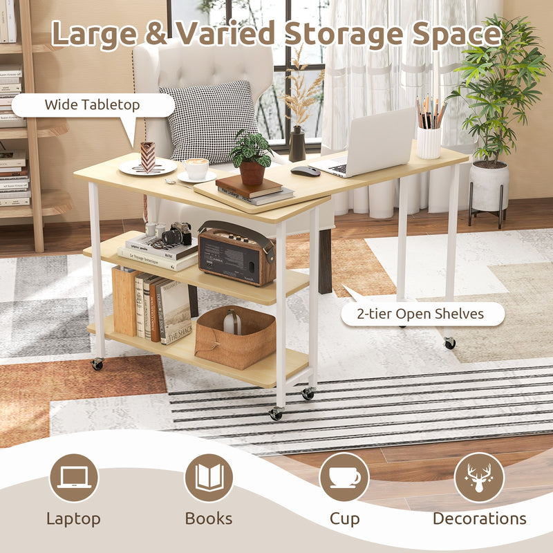 360° Rotating Sofa Side Table with 2-Tier Storage Shelves-Natural