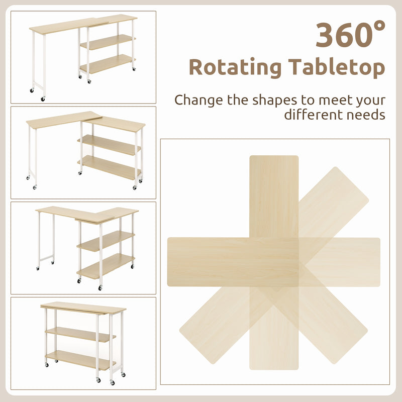 360° Rotating Sofa Side Table with 2-Tier Storage Shelves-Natural