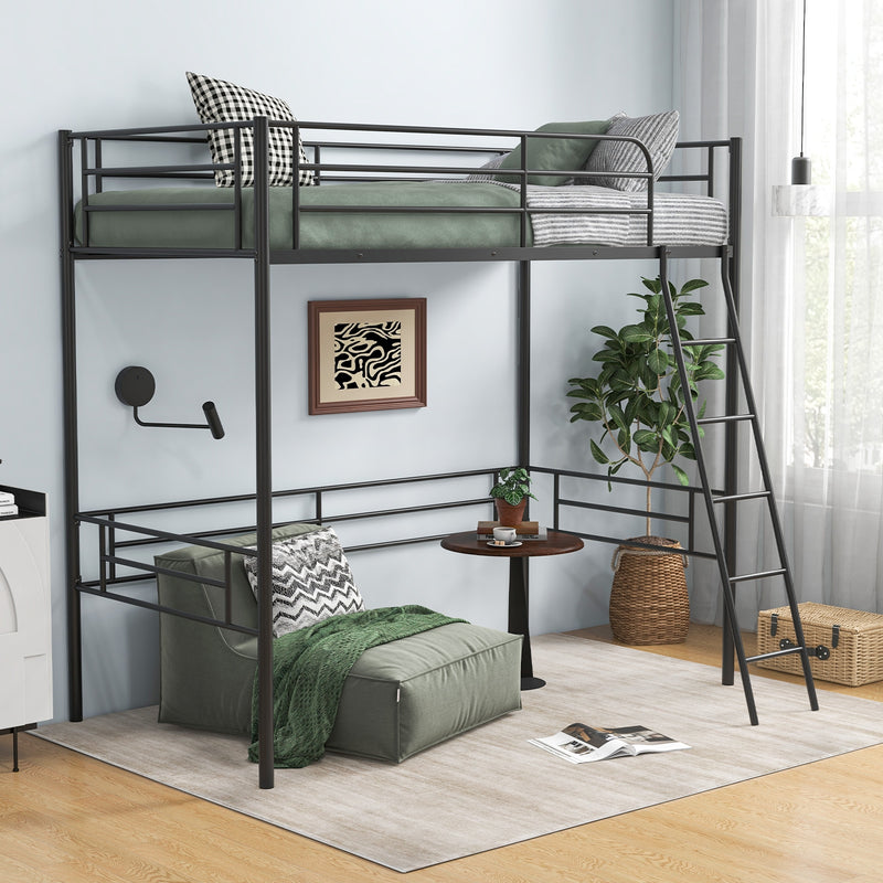 Twin Metal Loft Bed Frame with Ladder and Metal Slats Support-Black