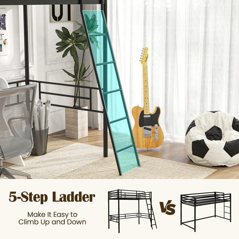 Twin Metal Loft Bed Frame with Ladder and Metal Slats Support-Black