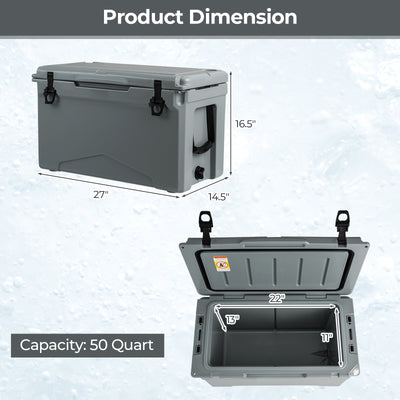 50 QT Rotomolded Cooler Insulated Portable Ice Chest with Integrated Cup Holders-Gray