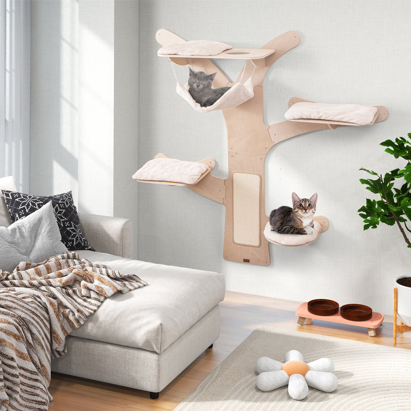 Wall-Mounted Cat Tower with Hammock Platforms and Sisal Scratching Mat-Natural