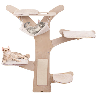 Wall-Mounted Cat Tower with Hammock Platforms and Sisal Scratching Mat-Natural