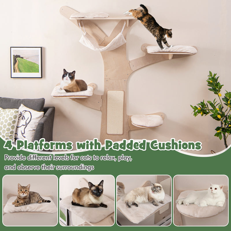 Wall-Mounted Cat Tower with Hammock Platforms and Sisal Scratching Mat-Natural