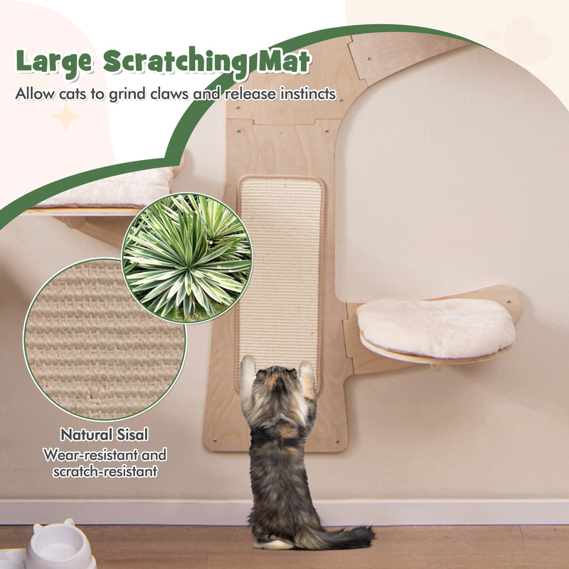 Wall-Mounted Cat Tower with Hammock Platforms and Sisal Scratching Mat-Natural