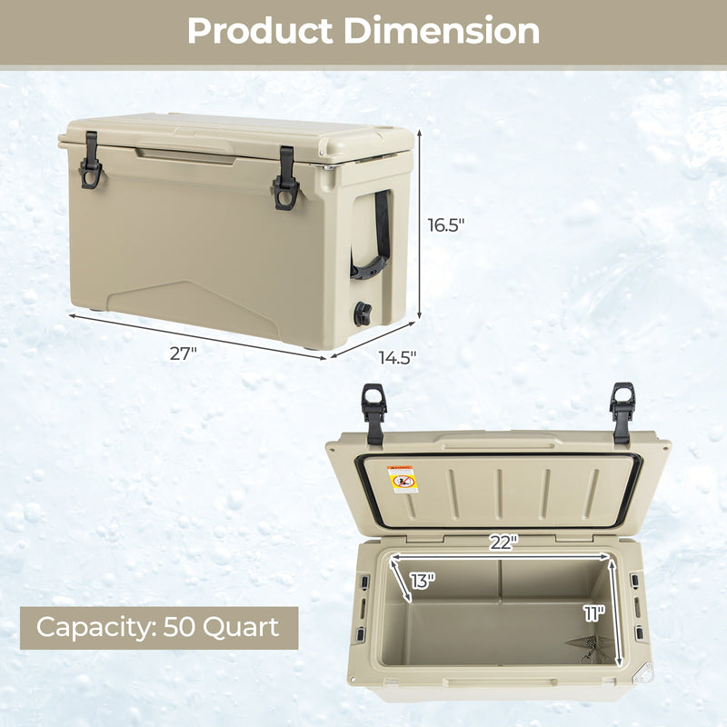 50 QT Rotomolded Cooler Insulated Portable Ice Chest with Integrated Cup Holders-Tan