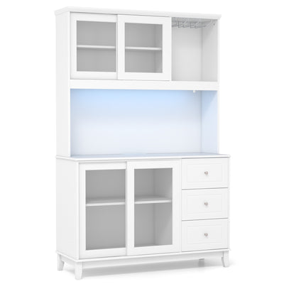 Kitchen Pantry Storage Cabinet Kitchen Hutch with LED lights and Power Outlet-White