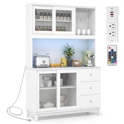 Kitchen Pantry Storage Cabinet Kitchen Hutch with LED lights and Power Outlet-White