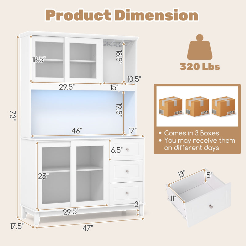 Kitchen Pantry Storage Cabinet Kitchen Hutch with LED lights and Power Outlet-White